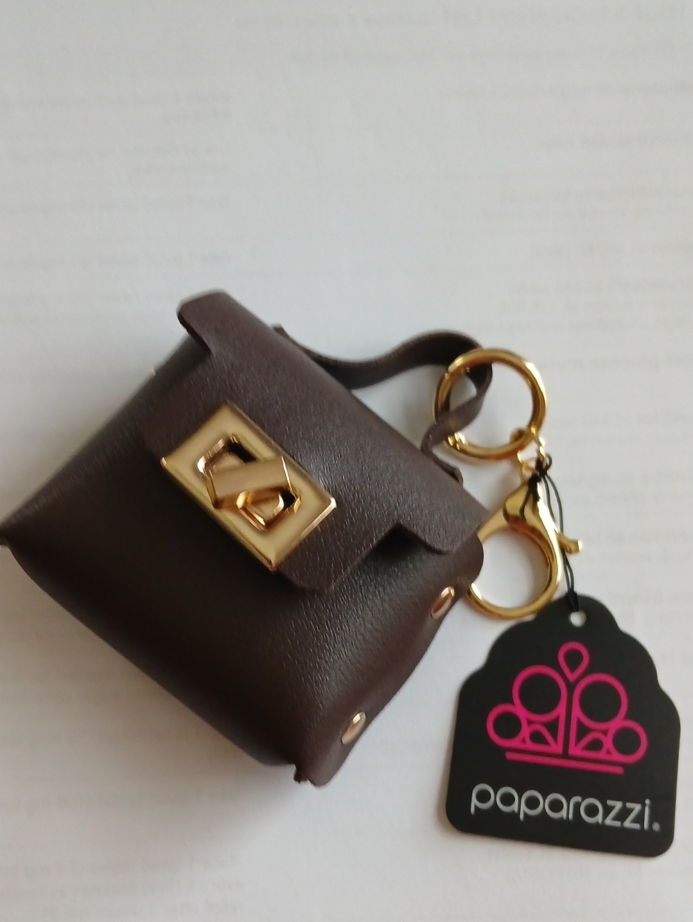 Paparazzi Chocolate Faux-Leather Mini Bag Keychain with Gold Hardware